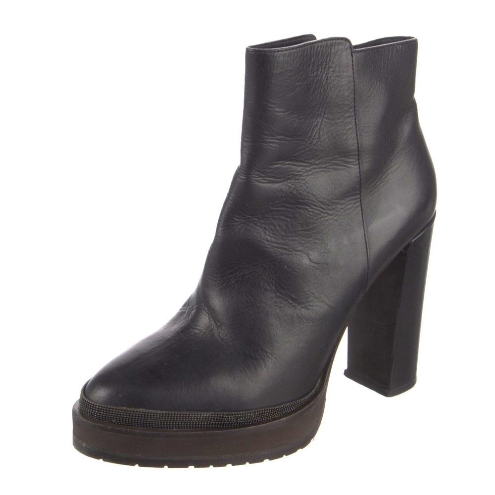 Brunello Cucinelli Black Leather Heeled Monili Trim Boots Lux **